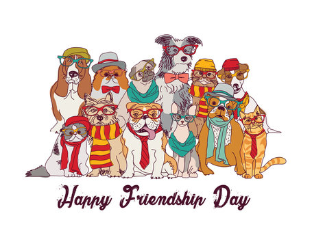 Friendship day cats and dogs isolate group white.