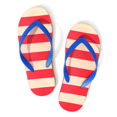 Red and off-white striped pattern flip flops - top view