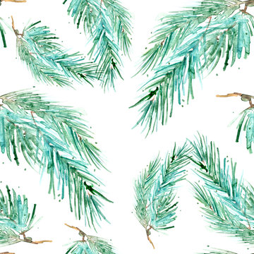     Watercolor Vintage seamless pattern. With a picture - a branch of spruce, Pine, fir-tree and cedar. The pattern of pine branches. Use for various designs, materials, packaging, paper. 
