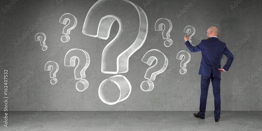 Poster businessman drawing question marks sketch on a wall 3d rendering