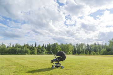 Baby carriage with sleeping baby in a field