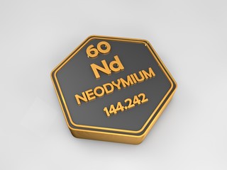 neodymium - Nd - chemical element periodic table hexagonal shape 3d render