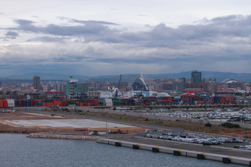 Fototapeta na wymiar Port and city in November morning. Valencia, Spain