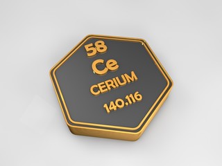 Cerium - Ce - chemical element periodic table hexagonal shape 3d render