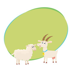 Farm black spotted cow looking at white smiling goat, cartoon vector illustration with space for text. Cute and funny farm goat and cow with friendly faces and big eyes