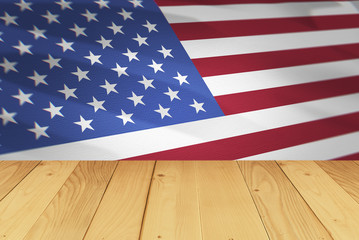america flag and wood table background in 4th july concept