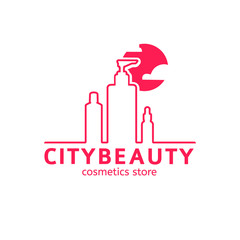 Logo for the cosmetics store. Silhouettes's skin care  cosmetics as a city. Vector.
