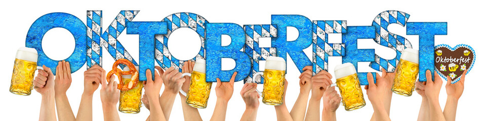 hands holding up beer mugs and oktoberfest letters isolated on white background / Hände mit...