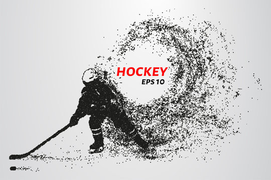 Hockey from the particles. Silhouette of a hockey player consists of circles and points. Vector illustration.