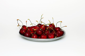 Red fresh ripe delicious cherries on a metal plate on a white background