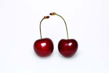 Two red sweet cherries with branches on a white background