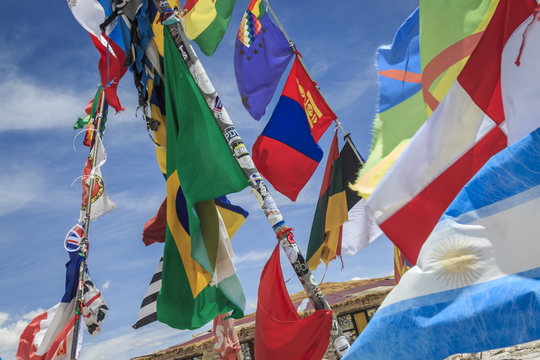 Flags of some countries  with sky as background