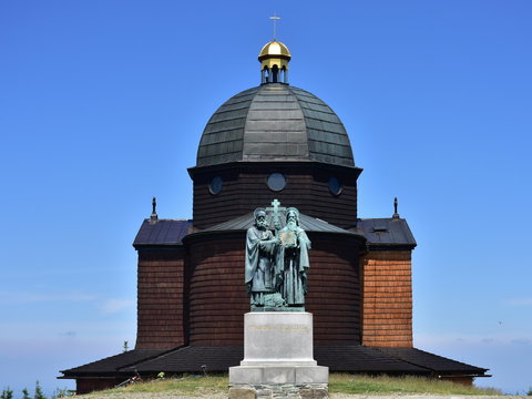 chapel on hill Radhost,Saints Cyril and Methodius sculptural group,Radhost vacation region