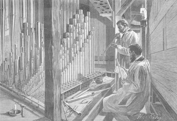 Cleaning the pipes of the  rgan of Notre- Dame. Date: 1894