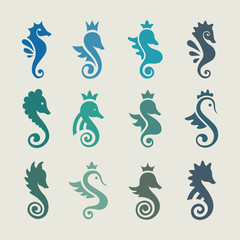 Stylized graphic Seahorse. Silhouette illustration of sea life. Sketch for tattoo on isolated white background. Vector flat Set of icons, logo collection