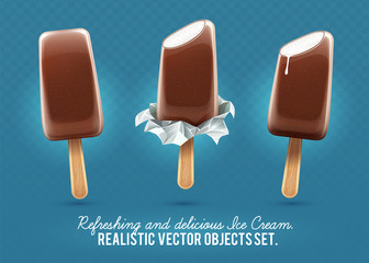 Ice-cream chocolate vanilla ice on wands set blue background.