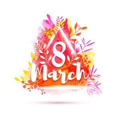Obraz premium Design banner International Women's Day. Flyer for 8 march with triangle frame and herb. Poster with pink flower decoration on watercolor texture backgraund. Vector