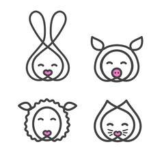 Set logo design template with animal head. Cute rabbit, cat, sheep and pig snout for sign pet shop. Symbol in a linear style with the silhouette of the animal face. Vector.