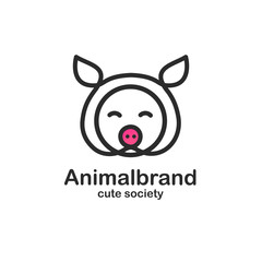 Black color logo design template with animal head. Cute pig snout for sign farm pet shop. Symbol in a linear style with the silhouette of the piggy.  Vector.