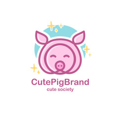 Pastel color logo design template with animal head. Cute pig snout for sign farm pet shop. Symbol in a linear style with the silhouette of the piggy.  Vector.