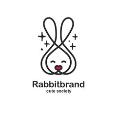 Black color logo design template with animal head. Cute rabbit snout for sign pet shop. Symbol in a linear style with the silhouette of the leverets. heart nose. Vector.