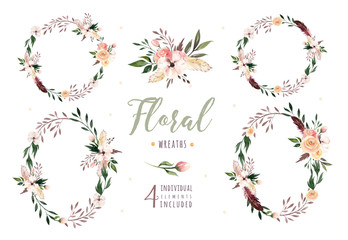 Hand drawing isolated boho watercolor floral illustration with leaves, branches, flowers. Bohemian greenery art in vintage style. Elements for wedding card.