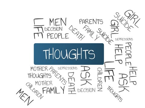 THOUGHTS - image with words associated with the topic SUICIDE, word cloud, cube, letter, image, illustration