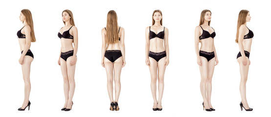 collage of young slender woman in black lingerie isolated on white background. Model snapshots