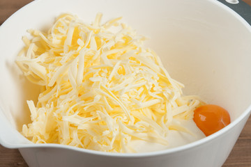 Cooking Process Of Pie Or Cake. Preparation Stage. Raw Ingredients In Bowl.