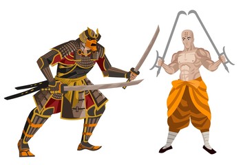 samurai warrior fighting a shaolin monk with hook swords