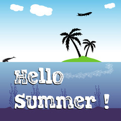 Colorful background with a small island with two palm trees and the text hello summer written with white letters