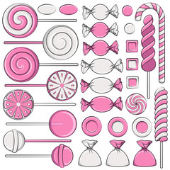 Set of color illustrations with colored pink sweets. Isolated vector objects on white background.