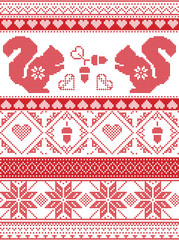 Scandinavian and Norwegian Christmas culture inspired festive winter pattern in cross stitch with squirrel, acorn, love heart , snowflake, square tiles  ornaments in red and white