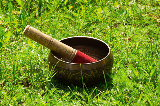 Tibetian singing bowl with wooden stick on the grass.