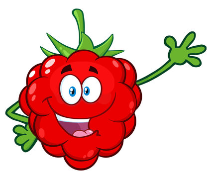 Happy Raspberry Fruit Cartoon Mascot Character Waving For Greeting. Illustration Isolated On White Background