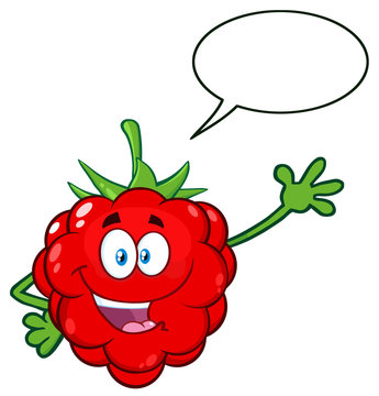 Raspberry Fruit Cartoon Mascot Character Waving For Greeting With Speech Bubble. Illustration Isolated On White Background