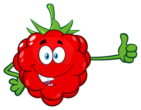 Red Raspberry Fruit Cartoon Mascot Character Giving A Thumb Up. Illustration Isolated On White Background