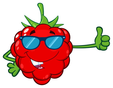 Red Raspberry Fruit Cartoon Mascot Character With Sunglasses Giving A Thumb Up. Illustration Isolated On White Background