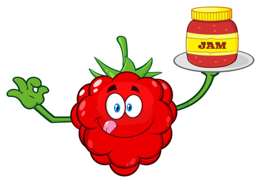 Raspberry Fruit Cartoon Mascot Character With Gesturing Ok And Serving Jam. Illustration Isolated On White Background