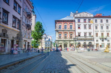 Cityscape background of old part of Lviv city in Ukraine