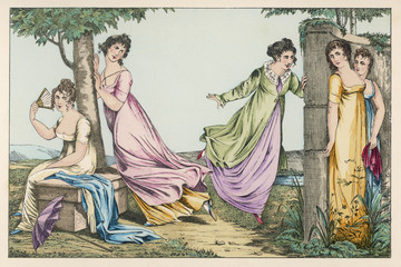Fototapeta na wymiar Five ladies playing hide and seek in a garden. Date: circa 1810