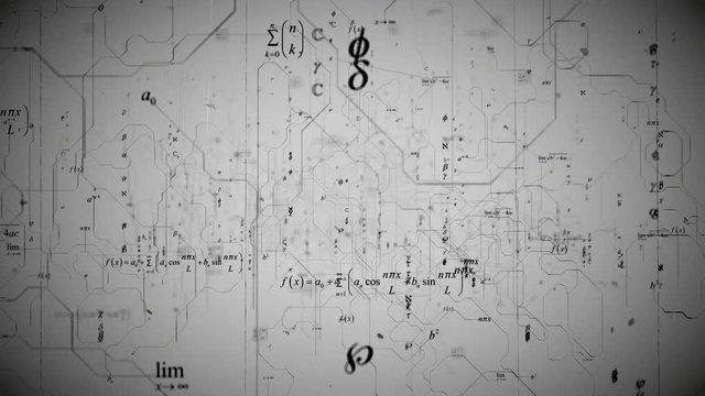 Mathematical background with flying symbols, functions and equations
