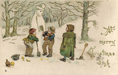 Fototapeta na wymiar Boys building a snowman in the woods. Date: 1905