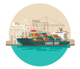 Delivery service concept. Container cargo ship loading, sea freight. Flat style vector illustration.
