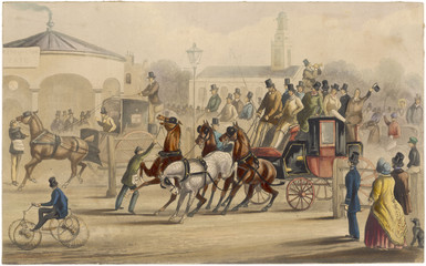 Stagecoach - Kennington Turnpike. Date: circa 1830 - obrazy, fototapety, plakaty