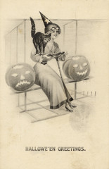 Halloween: girl in witch's costume  flying an airplane. Date: circa 1908