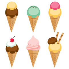 Collection set of various tasty flavored ice cream cones