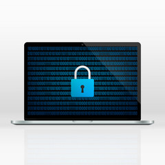 Cyber security. Concept of data security. Realistic laptop with binary code on display and lock