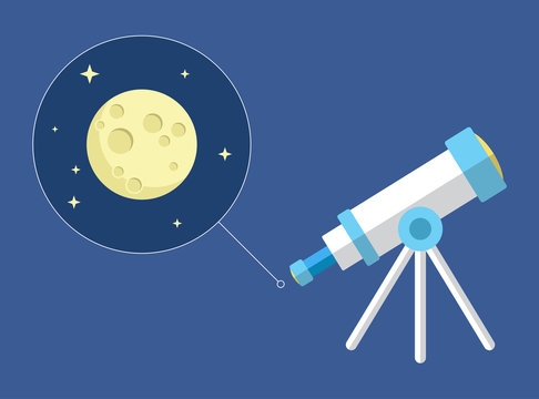 Space telescope looking at moon and stars - vector flat icon - astronomy
