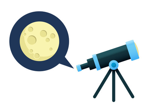 Space telescope looking at moon and stars - vector flat icon - astronomy
